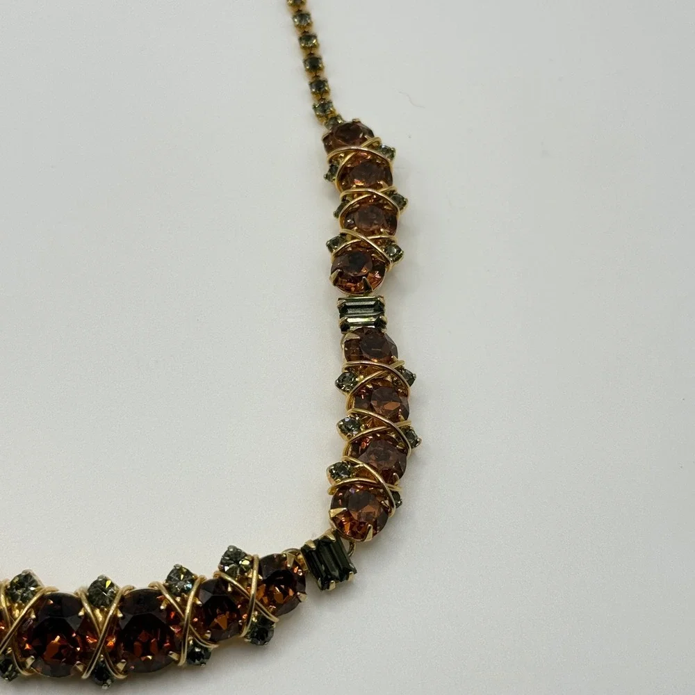 Hattie Carnegie Vintage Orange Smokey Gray Rhinestone Gold‎ Tone Collar Necklace